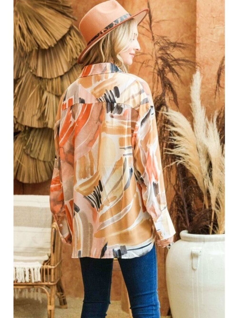 Villa Amber Oversized Button Down Shirt in Watercolor Terracotta Small - Picture 8 of 9